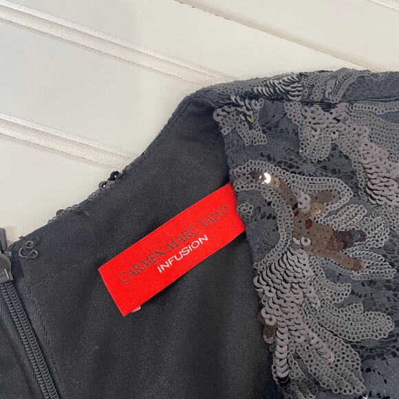 Carmen Marc Valvo Black Embroidered V-Neck Sequin Short Sleeve Midi Dress Sz 12 - Picture 7 of 8